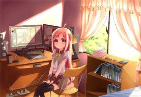 Девушка с печальными глазами сиди возле компьютера. Аниме.