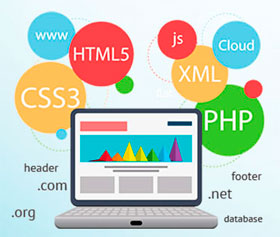 Логотипы HTML, CSS JavaScript. Ноутбук и кружки с надписями: PHP, XML, CSS3, WWW, JS