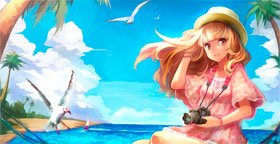 Рисунок, девушка с фотоаппаратом на фоне моря и пальм.
