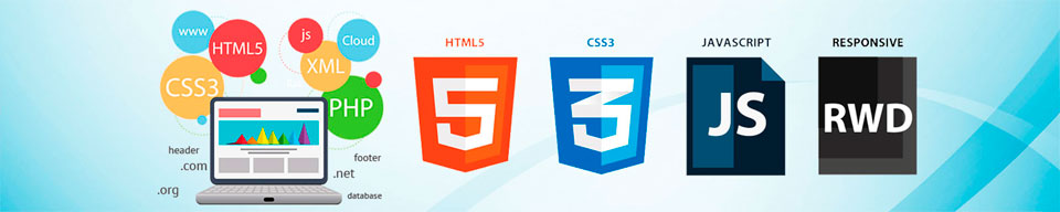 Логотипы HTML, CSS JavaScript. Ноутбук и кружки с надписями: PHP, XML, CSS3, WWW, JS