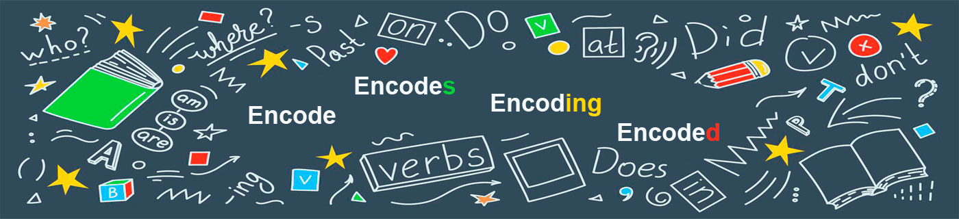 Клипарт. На английском языке: encode, encodes, encoding, encoded.