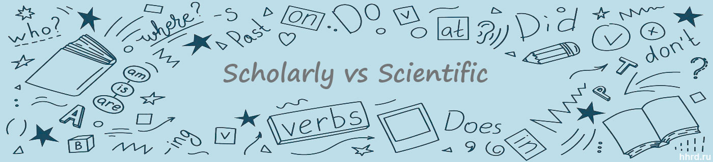 Символы английского языка и слова - Scholarly vs Scientific. Клипарт.