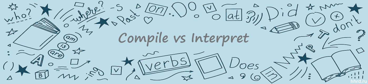 Символы английского языка и слова: compile vs interpret. Клипарт.