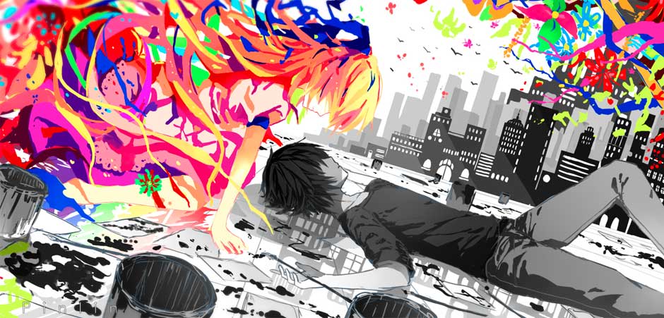 Парень на фоне города в черно-белых тонах и девушка изменяющая серые тона на цветные