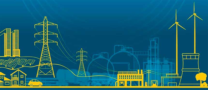 Электростанция, опоры линий электропередач на фоне города в сине-желтых тонах