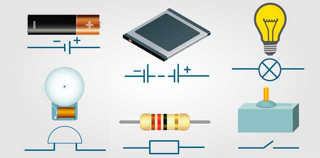 Батарейка, аккумулятор, лампочка, электрический звонок, резистор, выключатель и их схемы