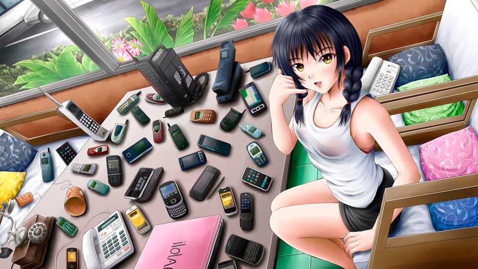 Девушка сидит возле стола на котором лежит много сотовых телефонов.