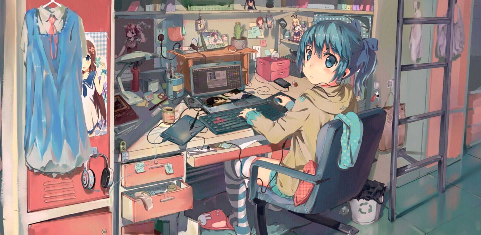 Девушка за компьютером. Аниме.